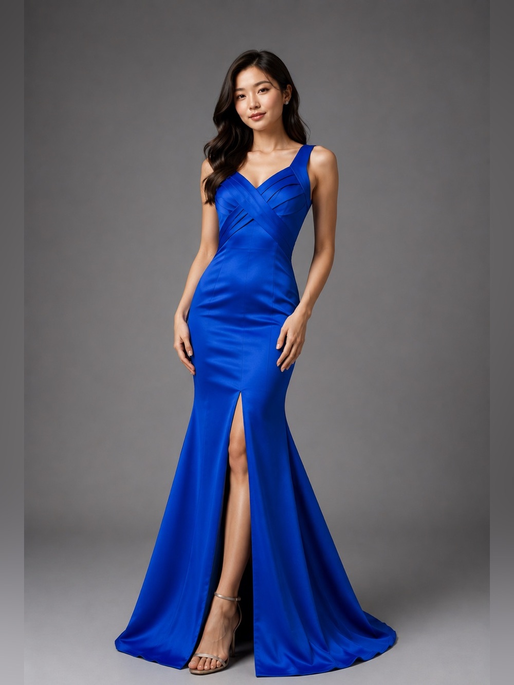 Enfocus Studio Cobalt Blue V-Neck Maxi Gown with Front Slit